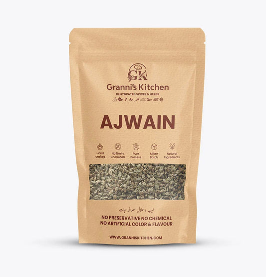 Granni's Kitchen Ajwain – Handcrafted, natural ajwain seeds with no preservatives, artificial colors, or flavors. Pure and high-quality spice blend processed in micro batches for enhanced freshness. Ideal for cooking and traditional recipes