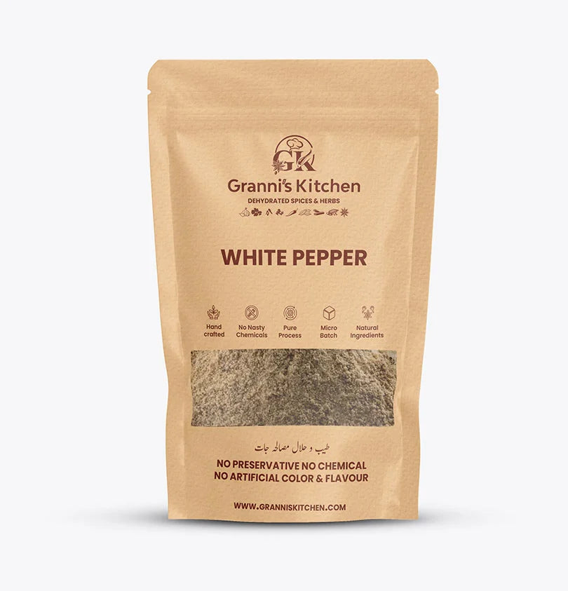 Granni's Kitchen White Pepper pack, handcrafted with natural ingredients, free from preservatives, artificial colors, and flavors. A micro-batch, pure white pepper powder to enhance the flavor of your dishes.