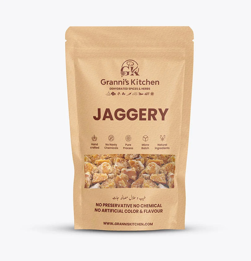 Granni's Kitchen Jaggery (Gurd) - Handcrafted with Natural Ingredients, Free from Preservatives, Artificial Colors & Flavors. Made Using a Pure Process and Micro-Batch Production for Fresh and Authentic Jaggery. Ideal for Sweetening Your Dishes Naturally with Rich Flavor.
