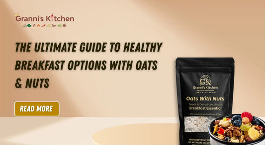 Granni's Kitchen Oats with Nuts pack with a bowl of mixed oats, seeds, and dehydrated fruits, showcasing a healthy, fiber-rich breakfast option, ideal for a nutritious start to the day