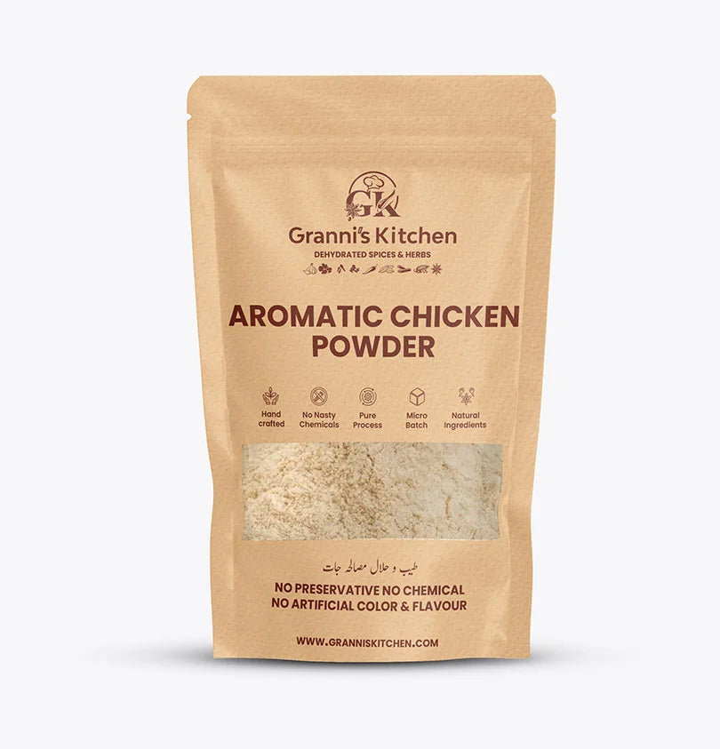 Granni's Kitchen Aromatic Chicken Powder – Handcrafted, all-natural seasoning blend made with premium spices. No preservatives, artificial colors, or flavors. Micro-batch process ensures superior quality. Key ingredients include garlic, ginger, cumin, and coriander. Perfect for enhancing the flavor of chicken dishes with a rich, aromatic taste