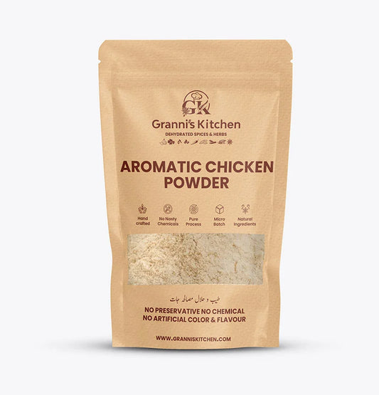 Granni's Kitchen Aromatic Chicken Powder – Handcrafted, all-natural seasoning blend made with premium spices. No preservatives, artificial colors, or flavors. Micro-batch process ensures superior quality. Key ingredients include garlic, ginger, cumin, and coriander. Perfect for enhancing the flavor of chicken dishes with a rich, aromatic taste