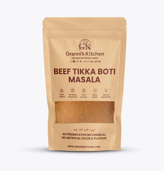 Granni's Kitchen Beef Tikka Boti Masala – Handcrafted, all-natural spice blend in eco-friendly packaging. No preservatives, artificial colors, or flavors. Micro-batch processed for superior freshness and quality. Made with coriander, cumin, garlic, and chili, ideal for marinating and grilling beef for a rich, flavorful tikka boti. Packaged in a resealable, recyclable pouch to maintain freshness.