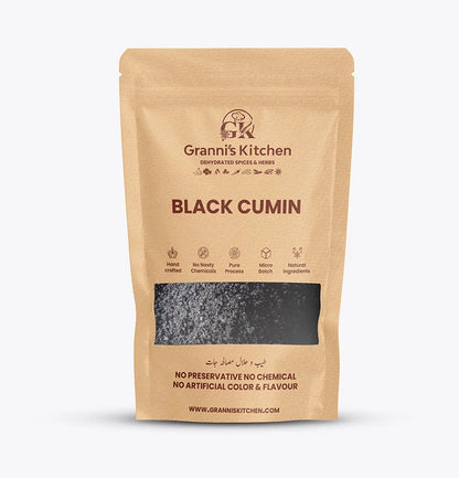 Granni's Kitchen Black Cumin powder pack, handcrafted with natural ingredients, free from preservatives, artificial colors, and flavors. A pure, micro-batch product for health-conscious consumers seeking high-quality spices.