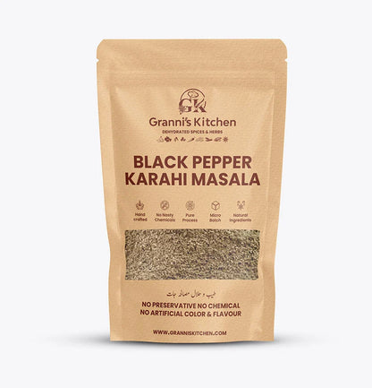 Granni's Kitchen Black Pepper Karahi Masala – Handcrafted, all-natural spice blend in eco-friendly, resealable packaging. No preservatives, artificial colors, or flavors. Micro-batch processed for superior quality. Key ingredients include freshly ground black pepper, coriander, cumin, and other aromatic spices. Perfect for enhancing the flavor of karahi dishes. Packaged to preserve freshness and aroma."