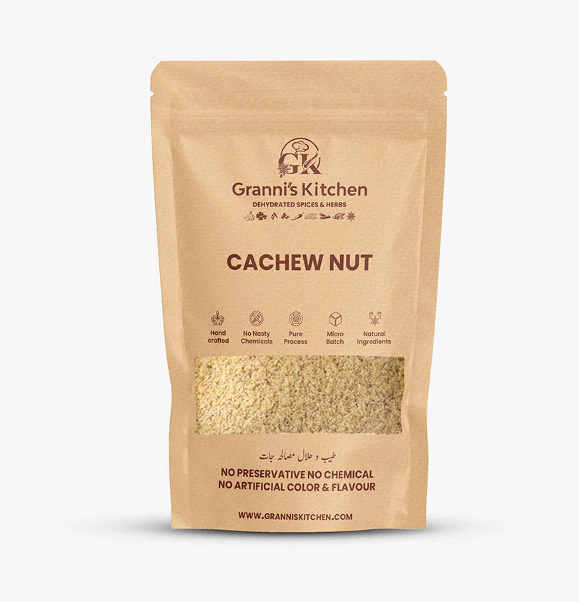 Granni's Kitchen Cashew Nut pack, handcrafted with natural ingredients, free from preservatives, artificial colors, and flavors. A micro-batch, pure cashew nut powder for culinary uses and health benefits.