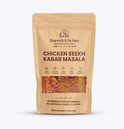 Granni's Kitchen Chicken Seekh Kabab Masala - Handcrafted with Natural Ingredients, Free from Preservatives, Artificial Colors & Flavors. Produced Using a Pure Process and Micro-Batch Production for Fresh and Flavorful Spices. Ideal for Preparing Tasty, Succulent Chicken Seekh Kebabs.