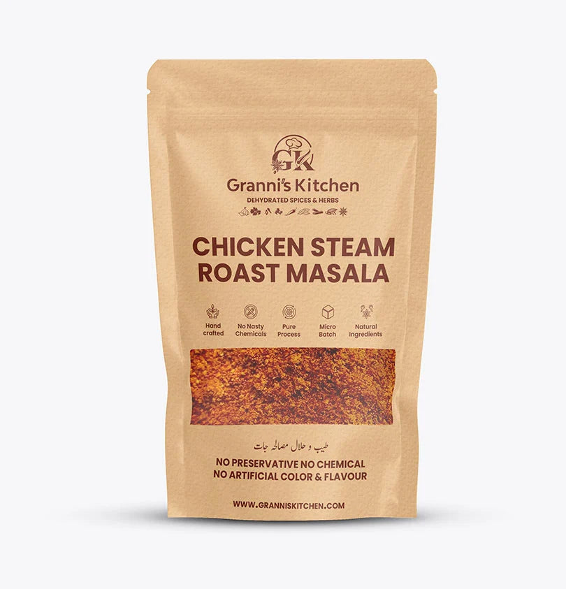 Granni's Kitchen Chicken Steam Roast Masala pack, handcrafted with natural ingredients, free from preservatives, artificial colors, and flavors. A micro-batch, pure spice mix for creating delicious chicken steam roast dishes.