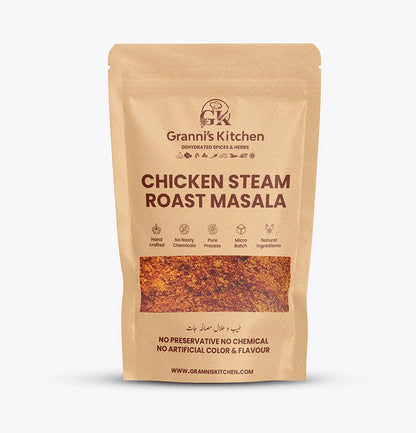 Granni's Kitchen Chicken Steam Roast Masala pack, handcrafted with natural ingredients, free from preservatives, artificial colors, and flavors. A micro-batch, pure spice mix for creating delicious chicken steam roast dishes.