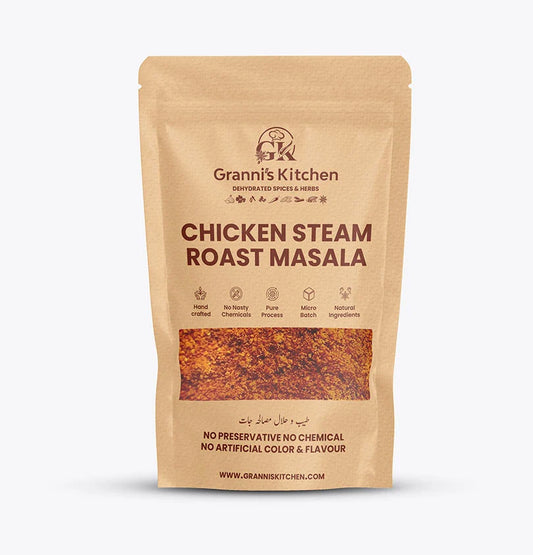 Granni's Kitchen Chicken Steam Roast Masala pack, handcrafted with natural ingredients, free from preservatives, artificial colors, and flavors. A micro-batch, pure spice mix for creating delicious chicken steam roast dishes.