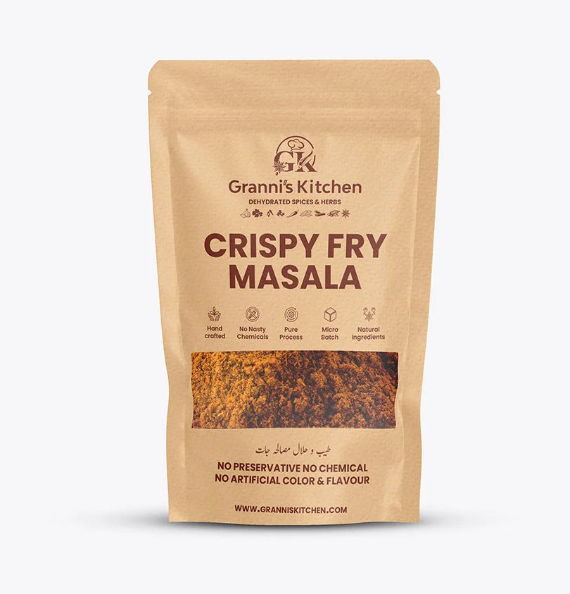 Granni's Kitchen Crispy Fry Masala - Handcrafted with Natural Ingredients, Free from Preservatives, Artificial Colors & Flavors. Made with a Pure Process and Micro-Batch Production for Fresh and Crispy Fry Recipes. Perfect for Creating Crispy and Flavorful Fried Chicken or Snacks.
