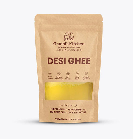 Granni's Kitchen Desi Ghee - Handcrafted with Natural Ingredients, Free from Preservatives, Artificial Colors & Flavors. Made Using a Pure Process and Micro-Batch Production for Rich and Authentic Ghee. Perfect for Cooking, Baking, and Enhancing the Flavor of Your Dishes.