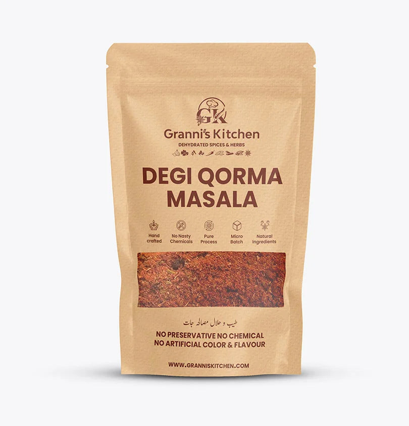 Granni's Kitchen Degi Qorma Masala - Handcrafted with Natural Ingredients, Free from Preservatives, Artificial Colors & Flavors. Made Using a Pure Process and Micro-Batch Production for Fresh and Authentic Degi Qorma Flavor. Perfect for Cooking Traditional, Rich, and Spicy Qorma.
