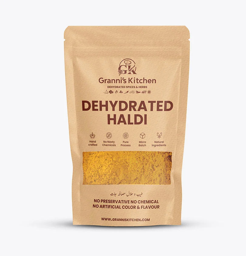 Granni's Kitchen Dehydrated Haldi - Handcrafted with Natural Ingredients, Free from Preservatives, Artificial Colors & Flavors. Made Using a Pure Process and Micro-Batch Production for Fresh, High-Quality Turmeric Powder. Perfect for Adding Rich Flavor and Health Benefits to Your Dishes.