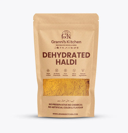 Granni's Kitchen Dehydrated Haldi - Handcrafted with Natural Ingredients, Free from Preservatives, Artificial Colors & Flavors. Made Using a Pure Process and Micro-Batch Production for Fresh, High-Quality Turmeric Powder. Perfect for Adding Rich Flavor and Health Benefits to Your Dishes.