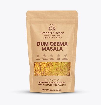 Granni's Kitchen Dum Qeema Masala pack, handcrafted with natural ingredients, free from preservatives, artificial colors, and flavors. A micro-batch, authentic spice mix for preparing flavorful dum qeema dishes