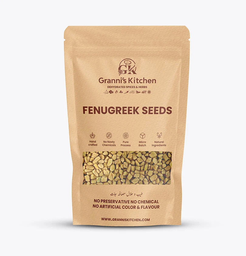 Granni's Kitchen Fenugreek Seeds pack, handcrafted with natural ingredients, free from preservatives, artificial colors, and flavors. A micro-batch, pure product offering the health benefits of fenugreek seeds for culinary and wellness use.