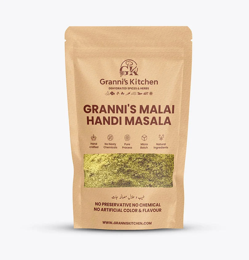Granni's Kitchen Malai Handi Masala - Handcrafted with Natural Ingredients, Free from Preservatives, Artificial Colors & Flavors. Made Using a Pure Process and Micro-Batch Production for Rich, Authentic Flavors. Ideal for Making Creamy and Spicy Malai Handi Dishes.