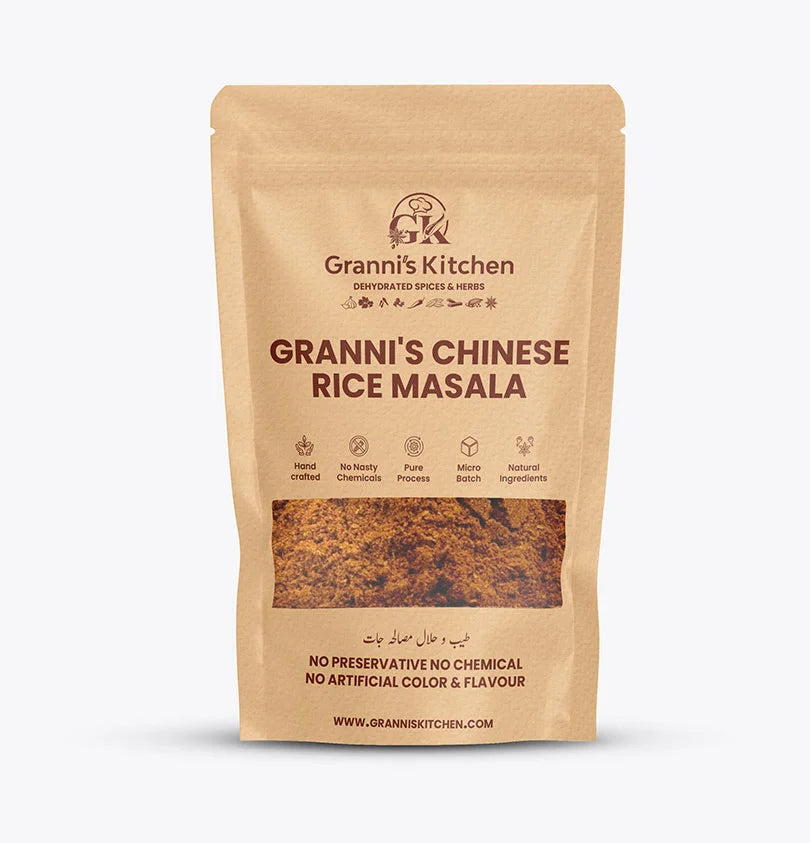 Granni's Kitchen Chinese Rice Masala - Handcrafted with Natural Ingredients, Free from Preservatives, Artificial Colors & Flavors. Produced with a Pure Process and Micro-Batch Production for Authentic Chinese Rice Flavors. Perfect for Creating Tasty and Aromatic Chinese Rice Dishes.