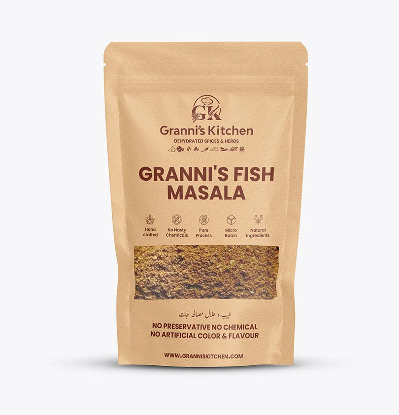 Granni's Kitchen Fish Masala - Handcrafted with Natural Ingredients, Free from Preservatives, Artificial Colors & Flavors. Made Using a Pure Process and Micro-Batch Production for Fresh and Flavorful Fish Dishes. Perfect for Creating Tasty and Aromatic Fish Curries.