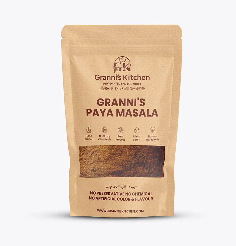 Granni's Kitchen Paya Masala - Handcrafted with Natural Ingredients, Free from Preservatives, Artificial Colors & Flavors. Produced with a Pure Process and Micro-Batch Production for Fresh, Rich Flavors. Perfect for Cooking Traditional Paya with Authentic and Spicy Taste.