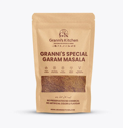 Granni's Kitchen Special Garam Masala - Handcrafted with Natural Ingredients, Free from Preservatives, Artificial Colors & Flavors. Made Using a Pure Process and Micro-Batch Production for Fresh, Aromatic Spices. Perfect for Adding Rich Flavor and Authentic Taste to Your Dishes.