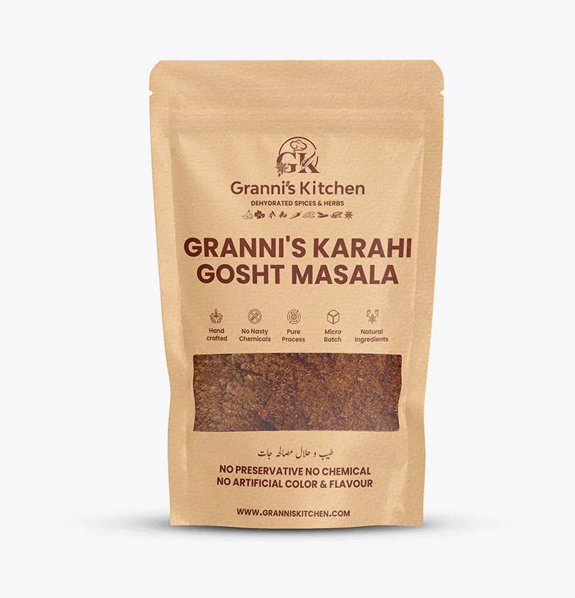 Granni's Kitchen Karahi Gosht Masala - Handcrafted with Natural Ingredients, Free from Preservatives, Artificial Colors & Flavors. Produced Using a Pure Process and Micro-Batch Production for Fresh, Flavorful Meat Dishes. Perfect for Making Traditional Karahi Gosht with Rich, Spicy Flavors.