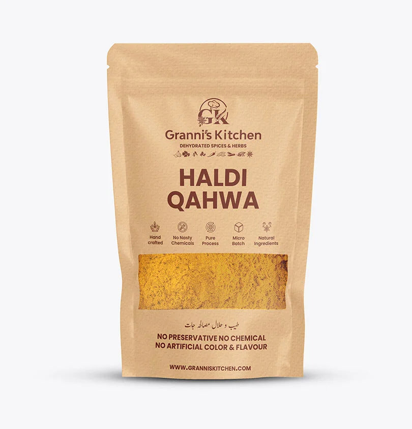Granni's Kitchen Haldi Qahwa - Handcrafted with Natural Ingredients, Free from Preservatives, Artificial Colors & Flavors. Made Using a Pure Process and Micro-Batch Production for Fresh and Healing Turmeric Tea. Ideal for Adding Warmth and Health Benefits to Your Daily Routine.