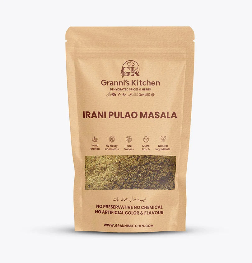 Granni's Kitchen Irani Pulao Masala pack, handcrafted with natural ingredients, free from preservatives, artificial colors, and flavors. A pure, micro-batch spice mix for authentic Irani pulao recipes.