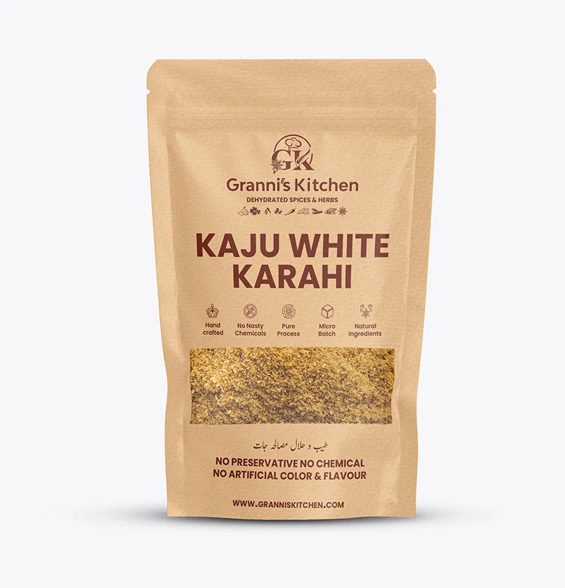 Granni's Kitchen Kaju White Karahi - Handcrafted with Natural Ingredients, Free from Preservatives, Artificial Colors & Flavors. Produced Using a Pure Process and Micro-Batch Production for Fresh and Nutty Karahi Flavors. Perfect for Adding a Rich and Flavorful Twist to Your Karahi Dishes.