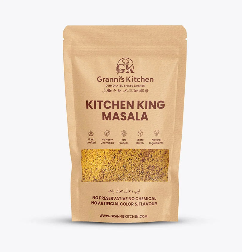 Granni's Kitchen Kitchen King Masala - Handcrafted with Natural Ingredients, Free from Preservatives, Artificial Colors & Flavors. Produced with a Pure Process and Micro-Batch Production for Fresh and Rich Flavors. Perfect for Enhancing Your Dishes with a King-Size Taste.