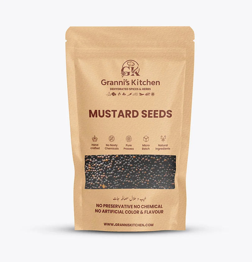 Granni's Kitchen Mustard Seeds pack, handcrafted with natural ingredients, free from preservatives, artificial colors, and flavors. A micro-batch, pure product offering the health benefits of mustard seeds for cooking and wellness.