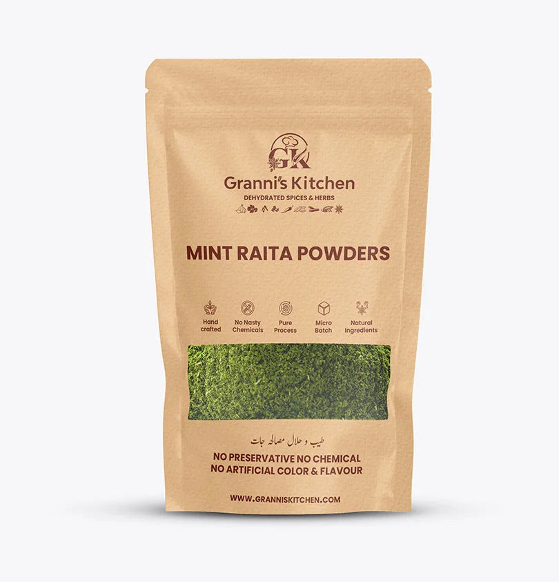 Granni's Kitchen Mint Raita Powder pack, handcrafted with natural ingredients, free from preservatives, artificial colors, and flavors. A micro-batch, pure mint powder for making refreshing raita and other culinary uses.