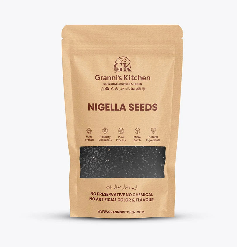 Granni's Kitchen Nigella Seeds pack, handcrafted with natural ingredients, free from preservatives, artificial colors, and flavors. A micro-batch, pure product providing the health benefits of nigella seeds for culinary and wellness use.
