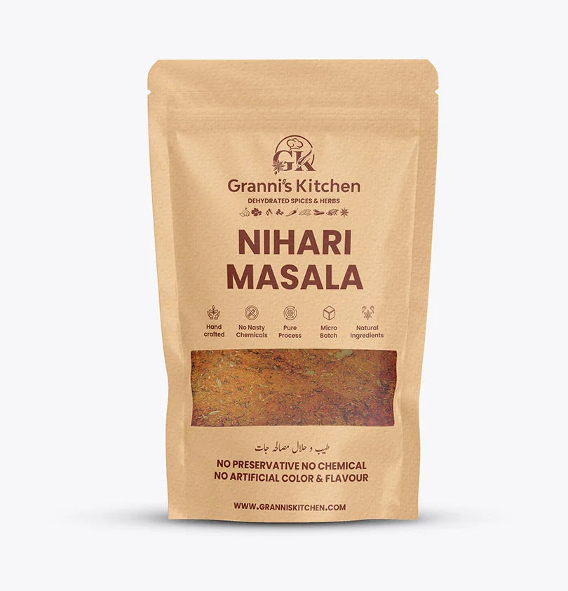 Granni's Kitchen Nihari Masala - Handcrafted with Natural Ingredients, Free from Preservatives, Artificial Colors & Flavors. Made Using a Pure Process and Micro-Batch Production for Rich and Authentic Nihari Flavor. Perfect for Cooking Traditional, Spicy, and Tender Nihari.