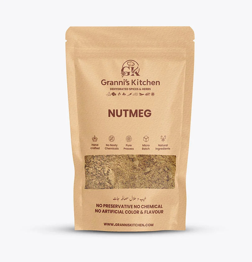Granni's Kitchen Nutmeg pack, handcrafted with natural ingredients, free from preservatives, artificial colors, and flavors. A micro-batch, pure nutmeg powder to enhance the flavor of your recipes and support wellness.