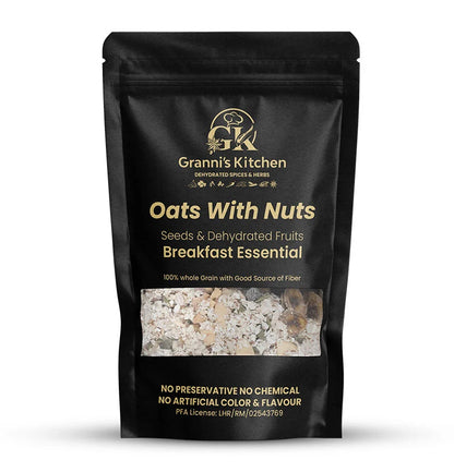 Granni’s Kitchen Oats With Nuts – Breakfast Essential, featuring 100% whole grain oats, seeds, and dehydrated fruits. A nutritious and fiber-packed breakfast choice with no preservatives, chemicals, or artificial flavors. Perfect for a healthy start to your day.