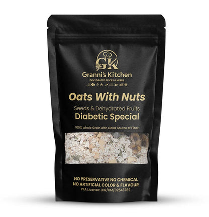 Granni’s Kitchen Oats With Nuts – Diabetic Special, made with 100% whole grain oats, seeds, and dehydrated fruits. A healthy and fiber-rich breakfast specially crafted for diabetic individuals, free from preservatives, chemicals, and artificial flavors.