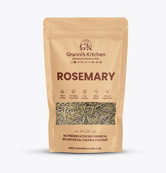 Packaging of Granni's Kitchen dehydrated herbs and spices featuring rosemary. The package has text and branding, and displays the product through a clear window.