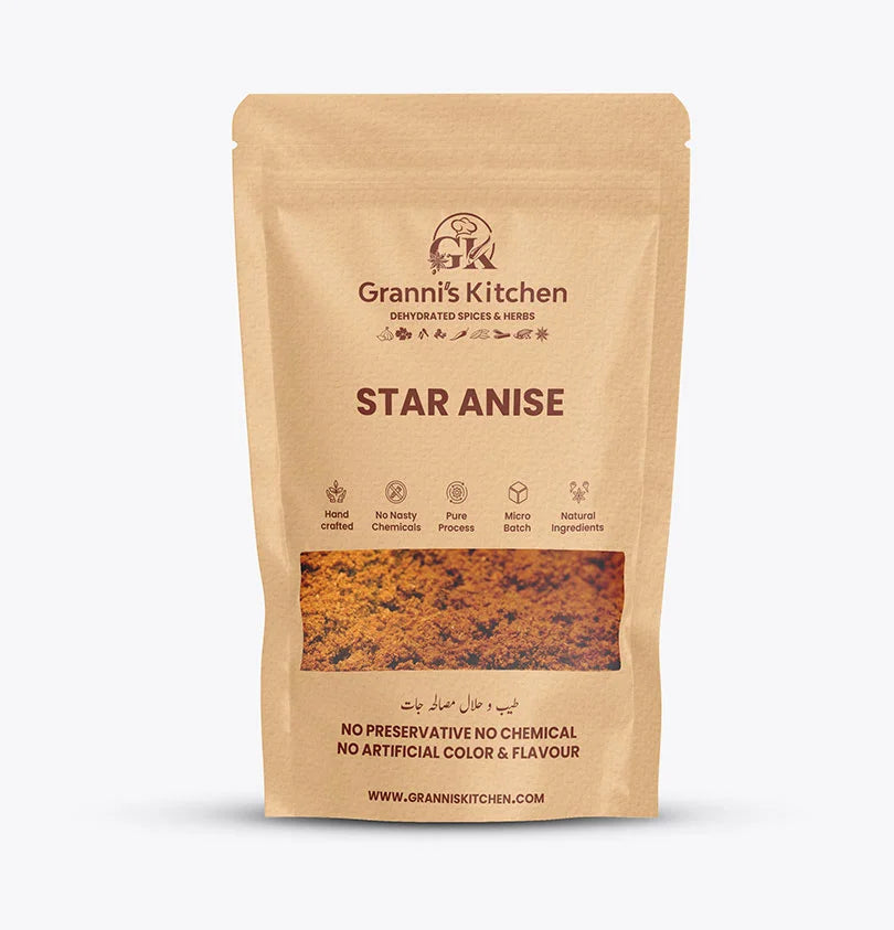 Granni's Kitchen Star Anise pack, handcrafted with natural ingredients, free from preservatives, artificial colors, and flavors. A micro-batch, pure star anise powder for enhancing the flavor of your dishes and supporting wellness.