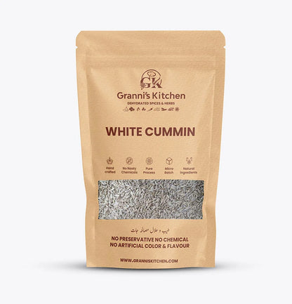 Granni's Kitchen White Cumin pack, handcrafted with natural ingredients, free from preservatives, artificial colors, and flavors. A micro-batch, pure cumin for enhancing the flavor and health benefits of your dishes.