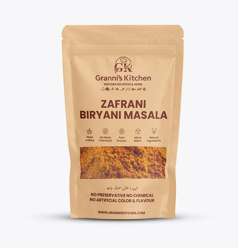 Granni's Kitchen Zafrani Biryani Masala spice package on a white background