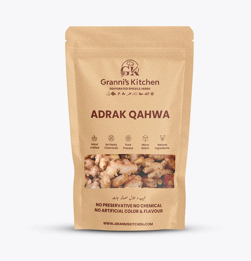 Granni's Kitchen Adrak Qahwa (Ginger Tea) pack with natural ingredients, handcrafted, and free from preservatives, artificial colors, and flavors. A pure, micro-batch product featuring dehydrated ginger for health-conscious consumers.