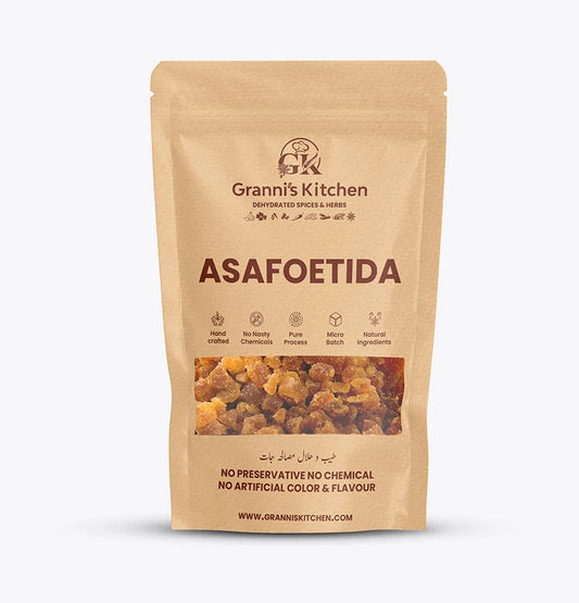 Granni's Kitchen Asafoetida – Handcrafted, all-natural spice with no preservatives, artificial colors, or flavors. Made using a micro-batch process to ensure superior freshness and quality. Ingredients include pure asafoetida resin, ideal for enhancing Indian cuisine with its unique, pungent flavor.