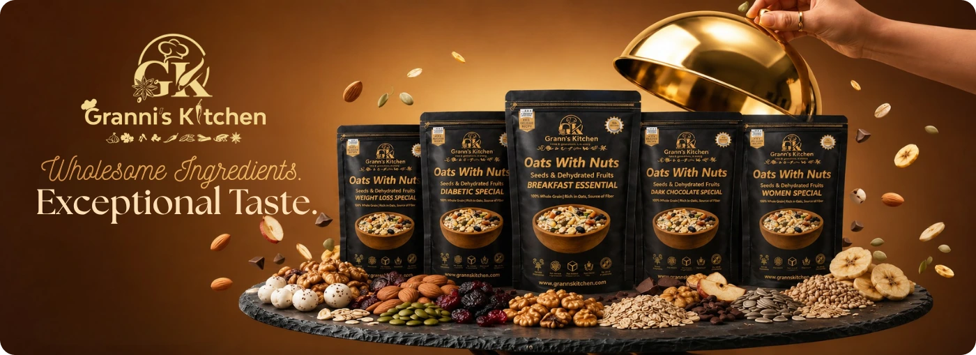 Five bags of Grannis Kitchen Oats With Nuts Breakfast Essential are displayed on a dark stone platter surrounded by nuts, dried fruit, and seeds, with a hand holding a gold bowl above. The background is a warm brown gradient with floating oats and the Grannis Kitchen brand logo and text on the left.