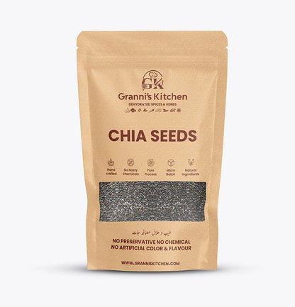 Granni's Kitchen Chia Seeds - Handcrafted with Natural Ingredients, Free from Preservatives, Artificial Colors & Flavors. Produced Using a Pure Process and Micro-Batch Production for Freshness and Quality. Ideal for Health-Conscious Consumers Looking for Nutrient-Packed Seeds.