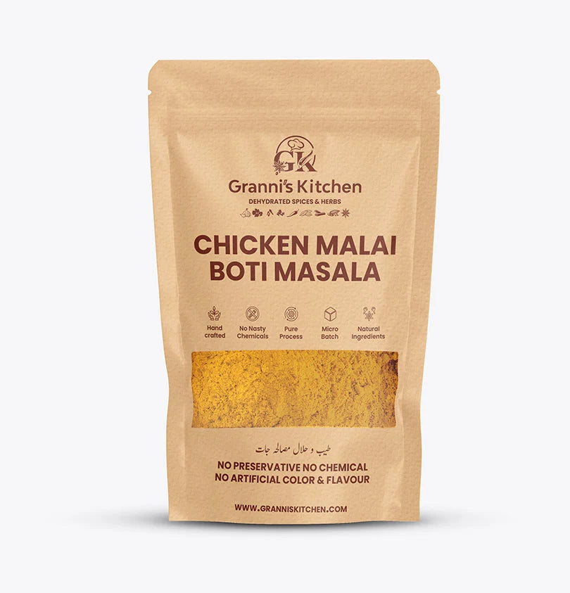Granni's Kitchen Chicken Malai Boti Masala - Handcrafted with Natural Ingredients, Free from Preservatives, Artificial Colors & Flavors. Produced Using a Pure Process and Micro-Batch Production for Fresh, Flavorful Spice Blends. Perfect for Making Creamy and Tender Chicken Malai Boti.