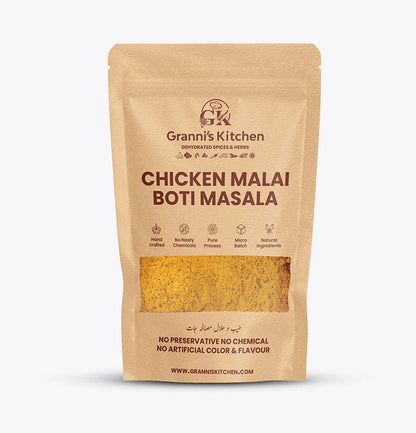 Granni's Kitchen Chicken Malai Boti Masala - Handcrafted with Natural Ingredients, Free from Preservatives, Artificial Colors & Flavors. Produced Using a Pure Process and Micro-Batch Production for Fresh, Flavorful Spice Blends. Perfect for Making Creamy and Tender Chicken Malai Boti.