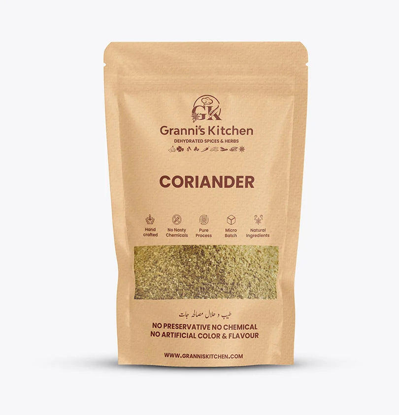 Granni's Kitchen Coriander pack, handcrafted with natural ingredients, free from preservatives, artificial colors, and flavors. A micro-batch, pure coriander powder to add fresh, aromatic flavor to your dishes.