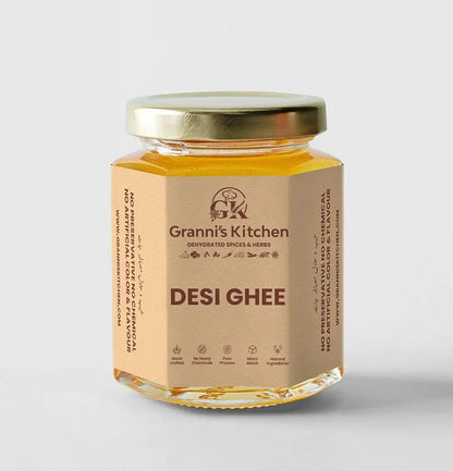 Granni's Kitchen Desi Ghee - Handcrafted with Natural Ingredients, Free from Preservatives, Artificial Colors & Flavors. Made Using a Pure Process and Micro-Batch Production for Rich and Authentic Ghee. Perfect for Cooking, Baking, and Enhancing the Flavor of Your Dishes.